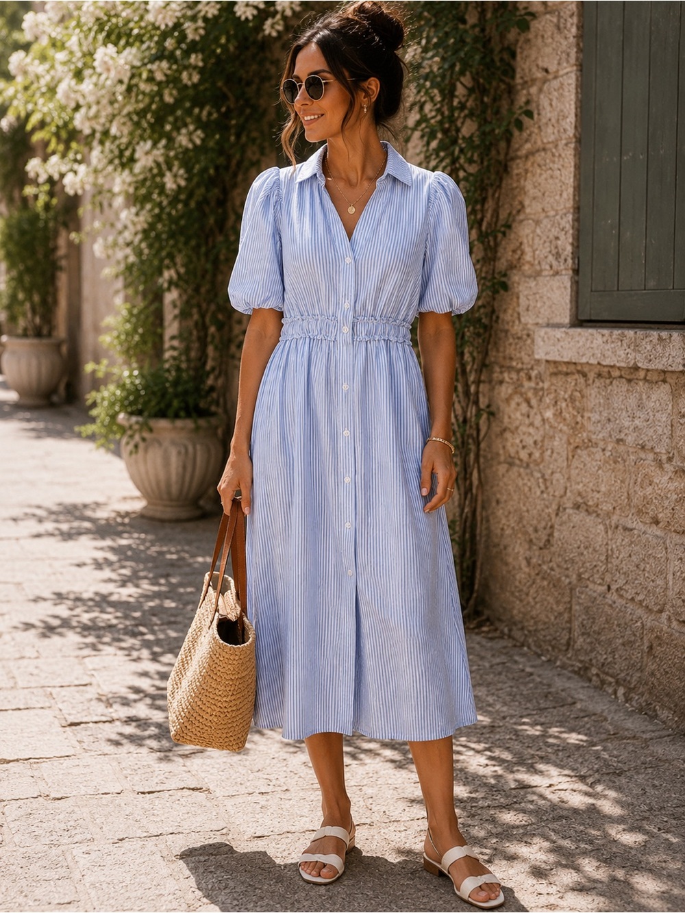 Lilly Pulitzer Tassie Light Blue Striped Puff-Sleeve Midi Dress size 0
